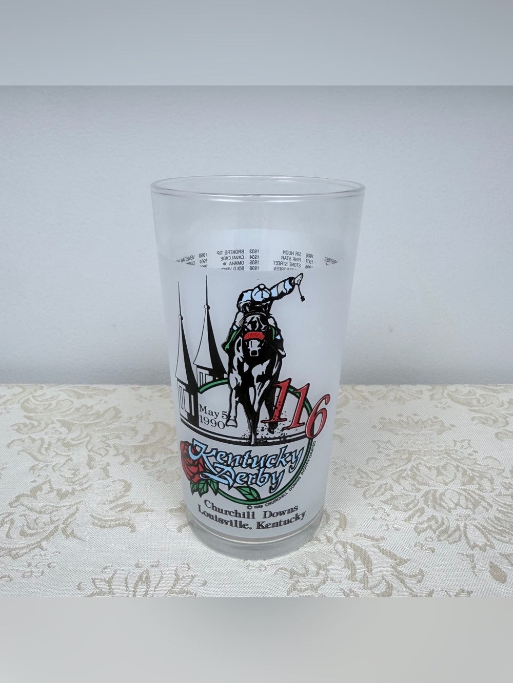 Kentucky Derby 116, 1990 Souvenir Frosted Glass – White with Multicolor Print